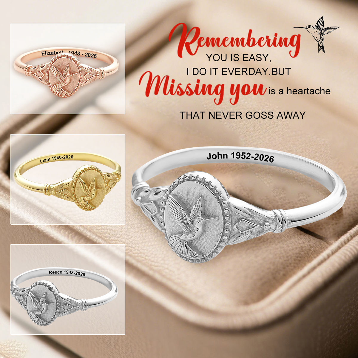 Forever In My Heart - Personalized Hummingbird Memorial Engraved Ring