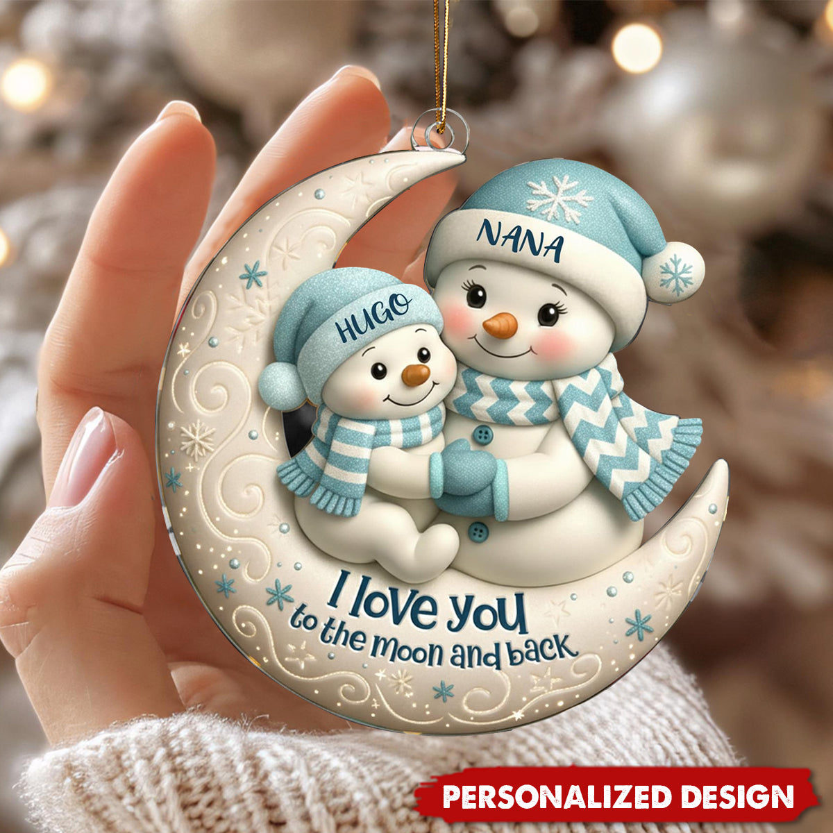 Personalized Snowman Moon Acrylic Ornament, Christmas Gift For Granddaughter, Grandson