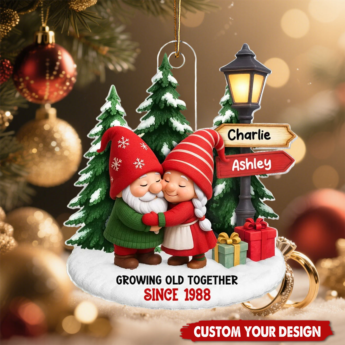 Growing Old Together Couple on Snow - Personalized Acrylic Ornament