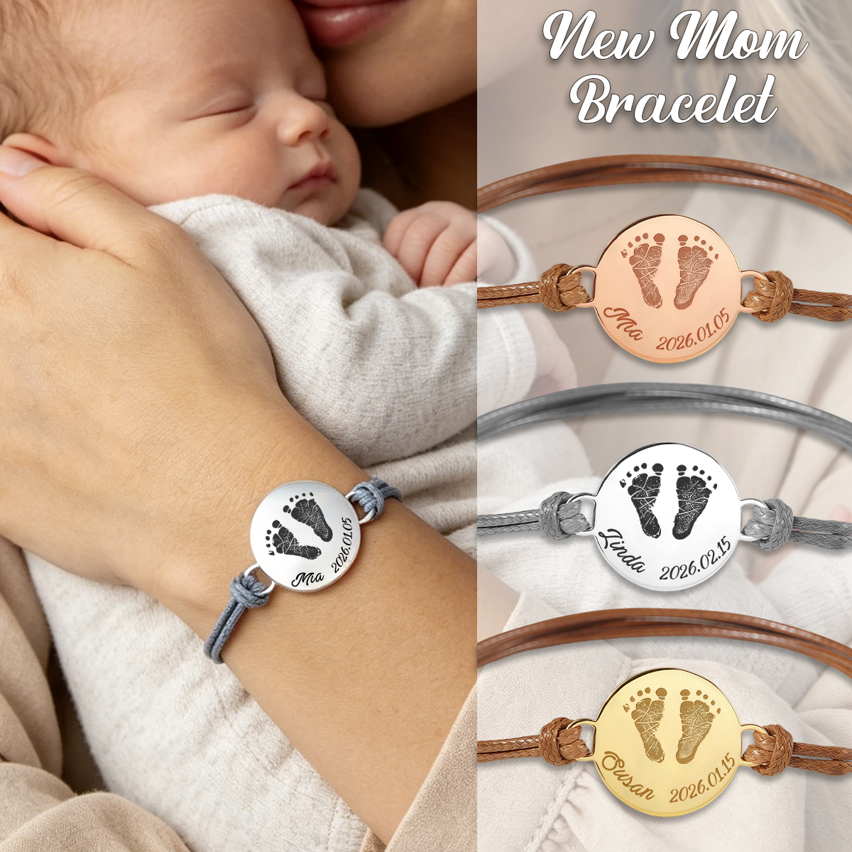 Custom Baby Footprint Bracelet, First Time Dad Mom Gift