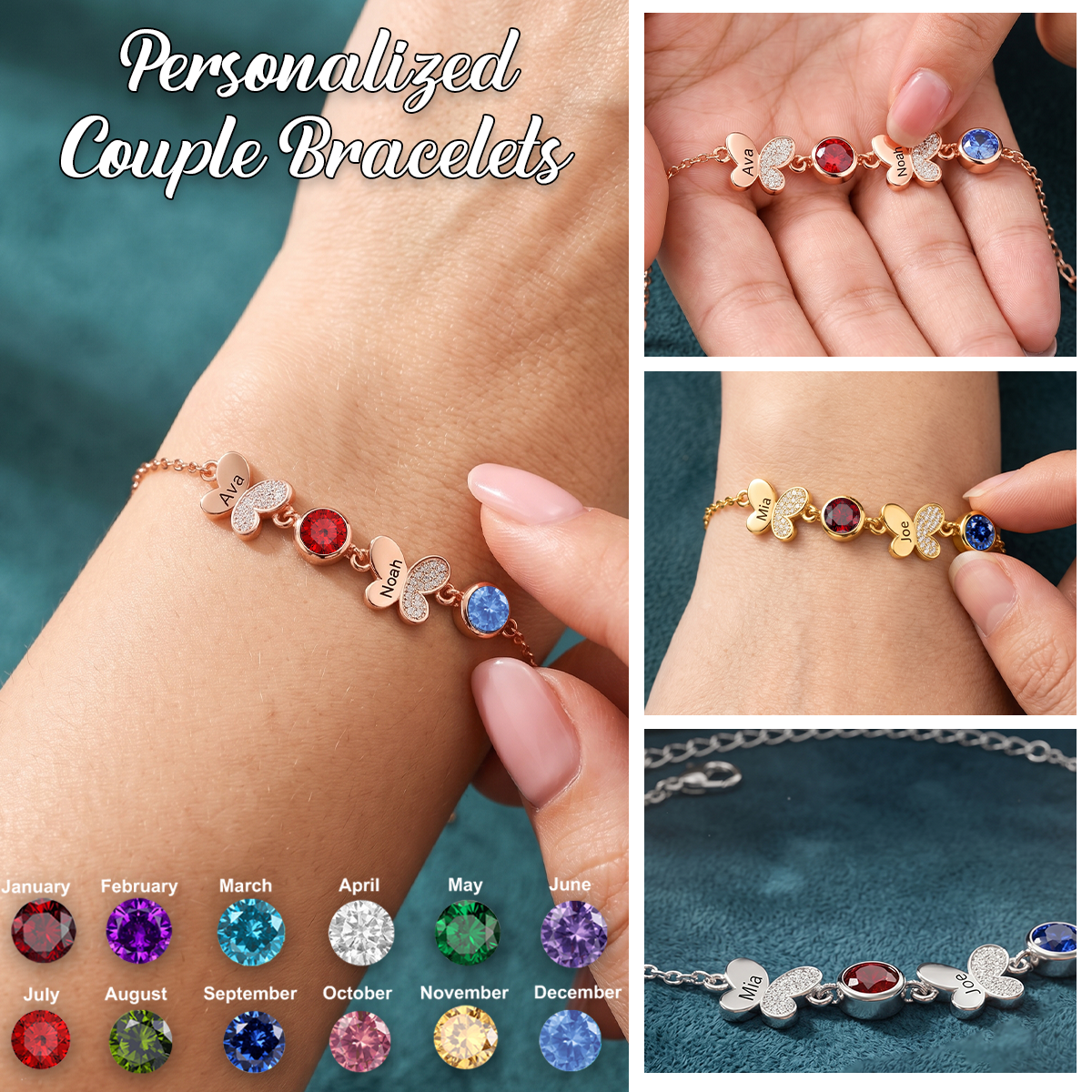 Together Forever - Personalized Couple Engraved Birthstone Bracelet