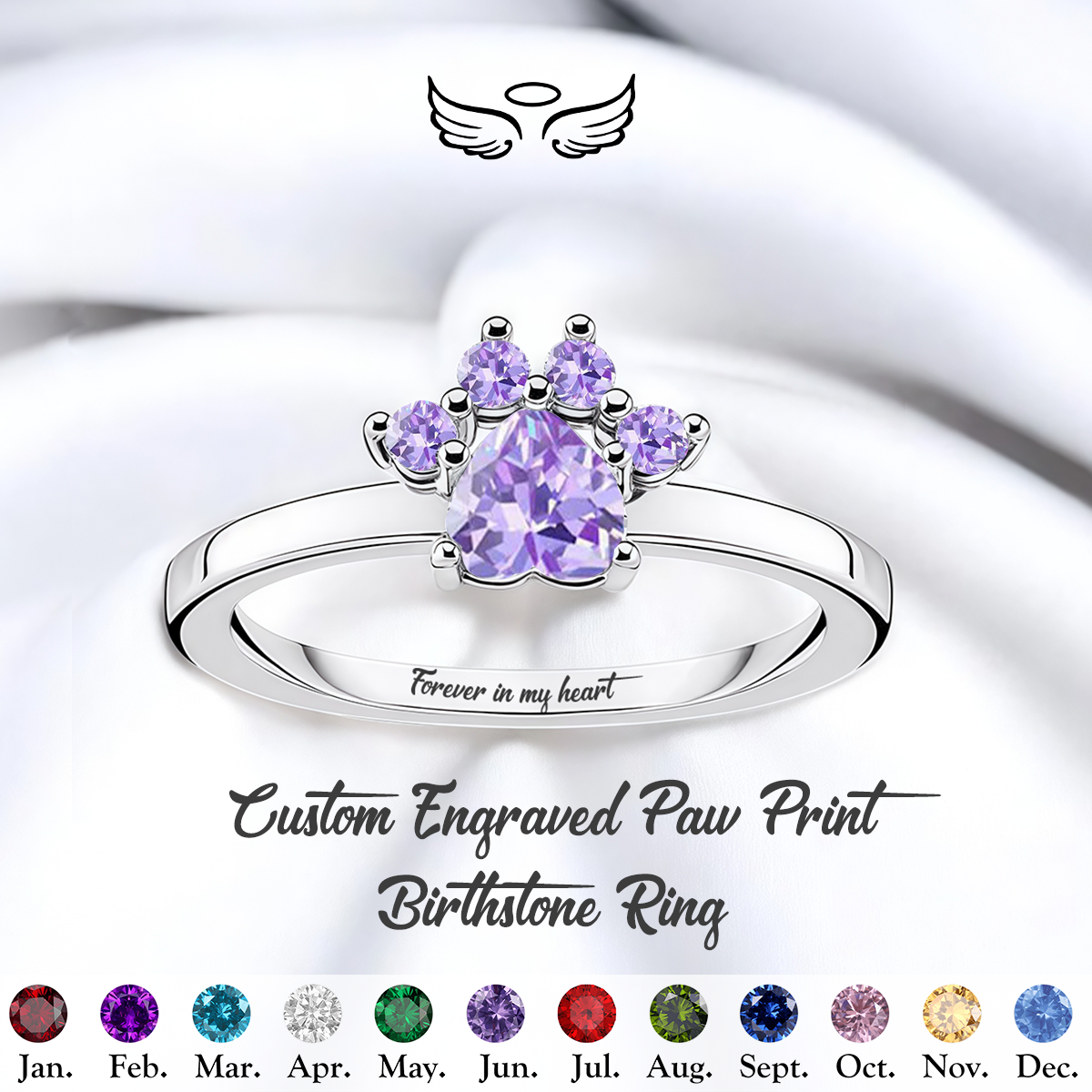 Forever In My Heart,Personalized Pet Paw Birthstone Ring
