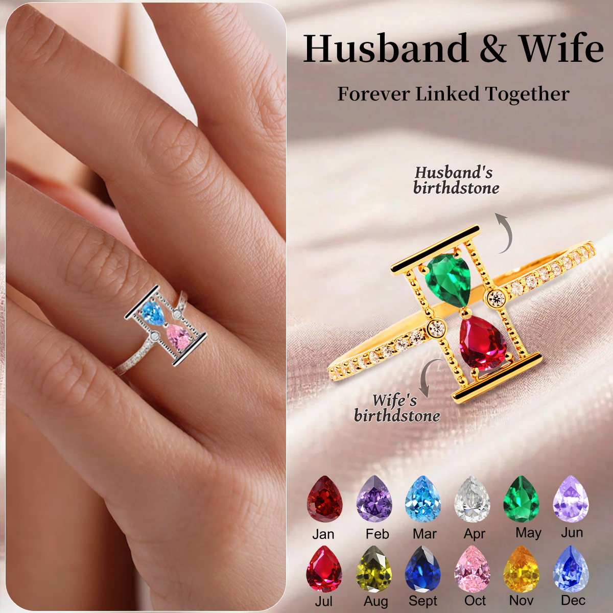 Personalized Couple Hourglass Double Birthstone Ring