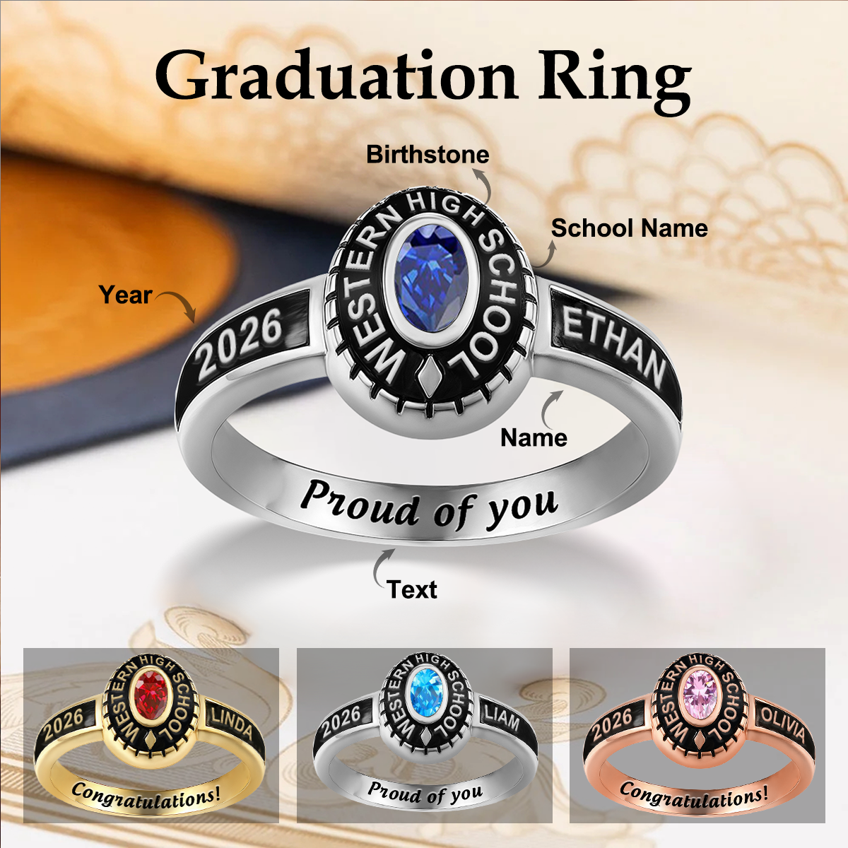 Customized High School College University Class Ring Graduation Gifts