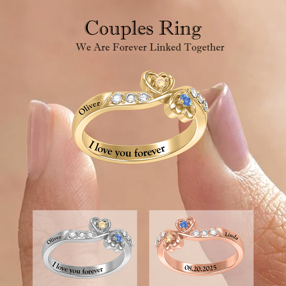 Personalized Double Heart Birthstones Ring with Engraved Names