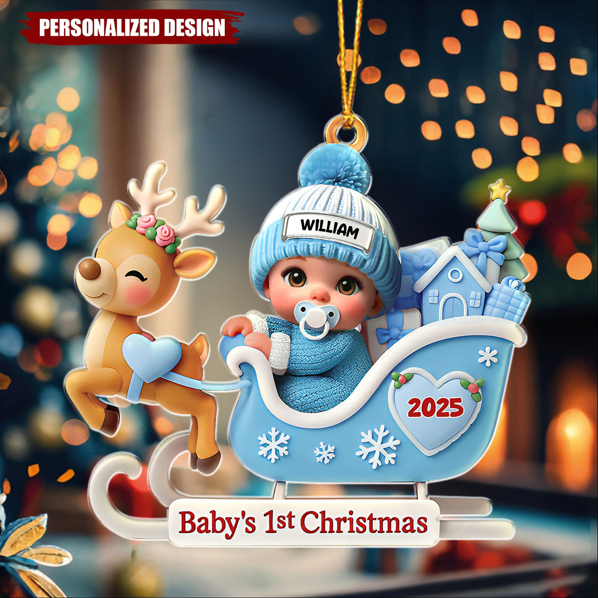 Baby Santa In Sleigh First Christmas - Personalized Custom Shaped Acrylic Ornament