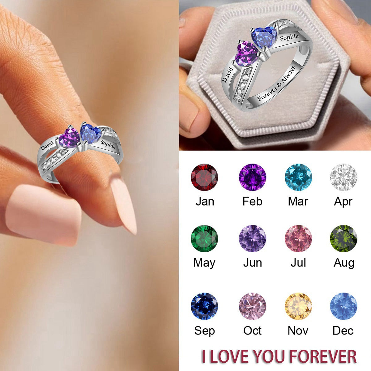 Forever & Always - Personalized Heart Birthstones Promise Ring