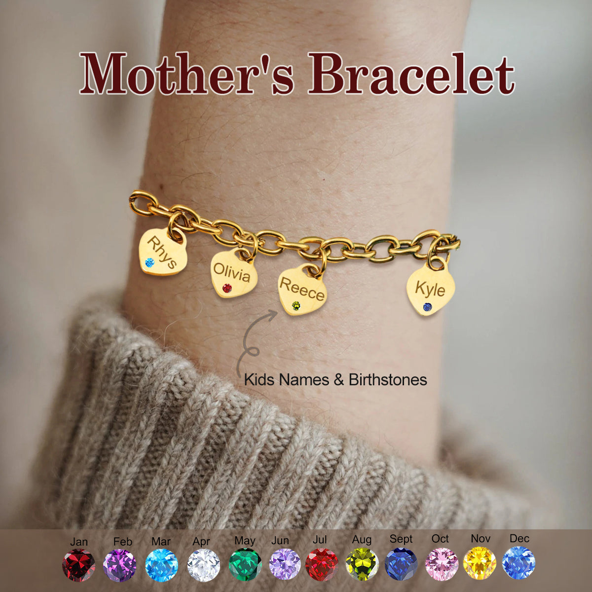 Personalized Engraved Birthstone Heart Charm Bracelet