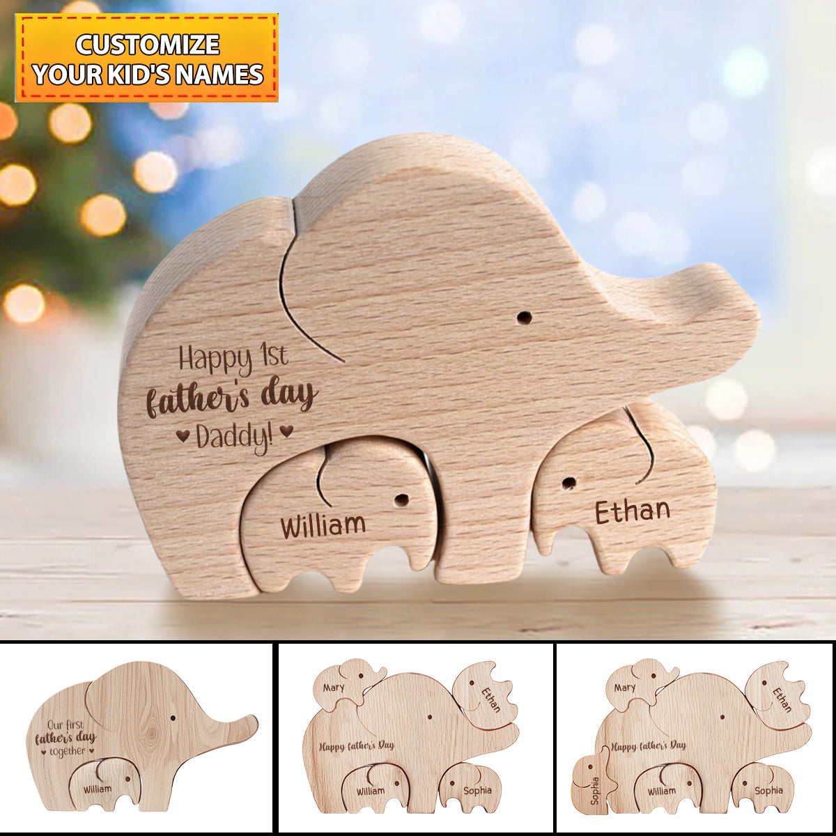 First Father's Day Gift - Personalized Wooden Elephant Dad And Baby Puzzle