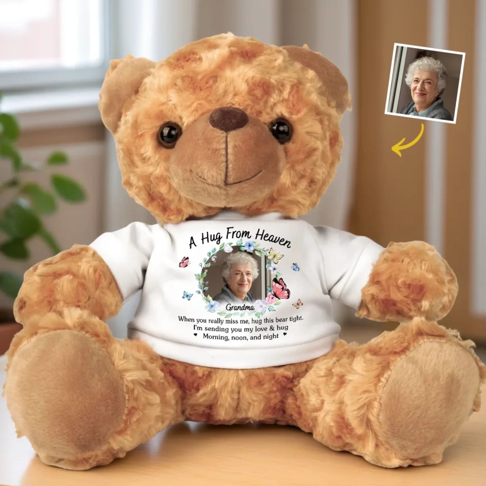 Custom Photo Sending Hugs From Above - Memorial Personalized Custom Bear Plush - Sympathy Gift For Family Members