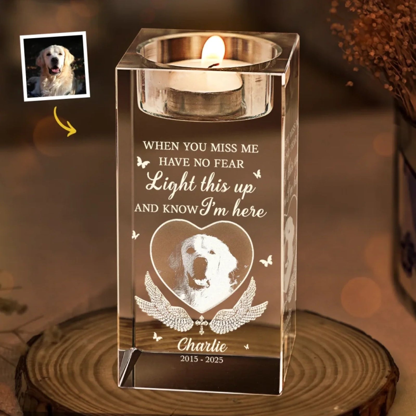 Custom Photo Love Never Leaves, It Lights Up Forever - Memorial Personalized Custom Crystal Candle Holder
