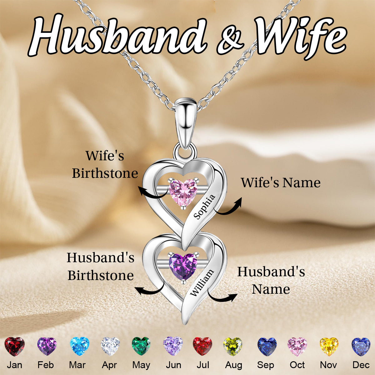 Personalized Two Heart Forever Love Birthstone Necklace