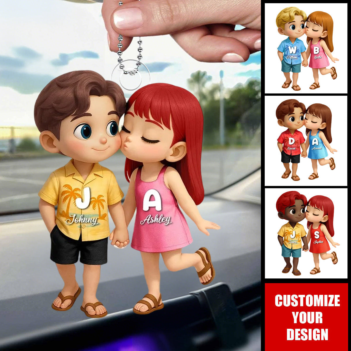 Cute Cartoon Couple Summer Vibe Personalized Acrylic Car Hanger