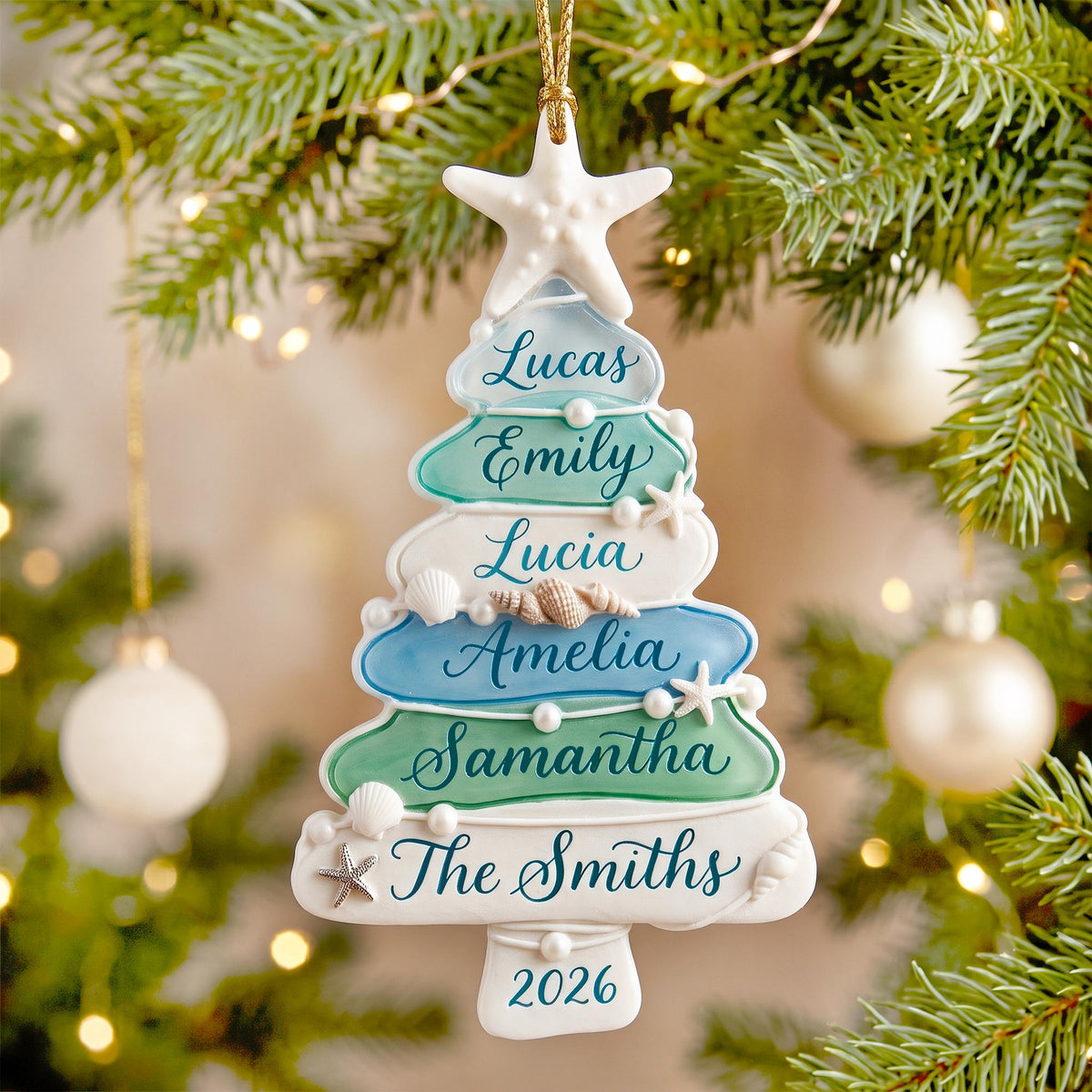Personalized Sea Glass Tree Beach Family Christmas Ornament