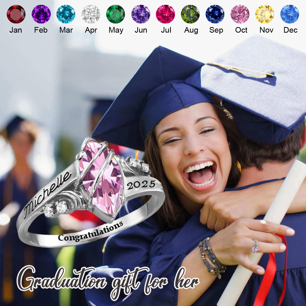 Personalized Graduation Birthstone Ring with Engraved Text Graduation Gift