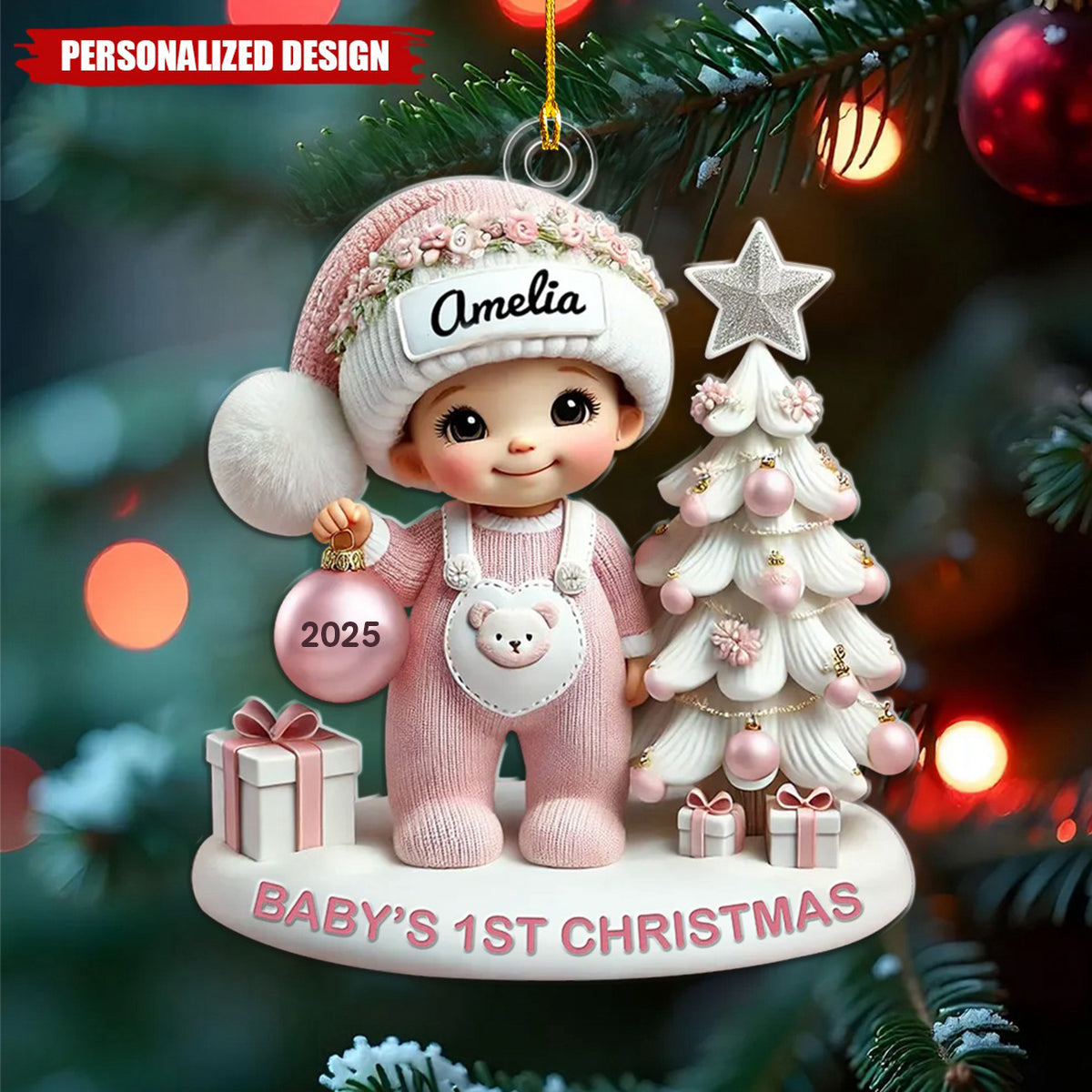 Cute Baby Standing Beside Christmas Tree 3D Effect Baby's First Christmas Personalized Ornament