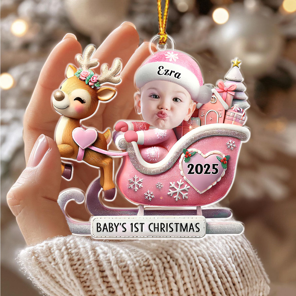 Baby In Reindeer Sleigh - Custom Photo Acrylic Ornament