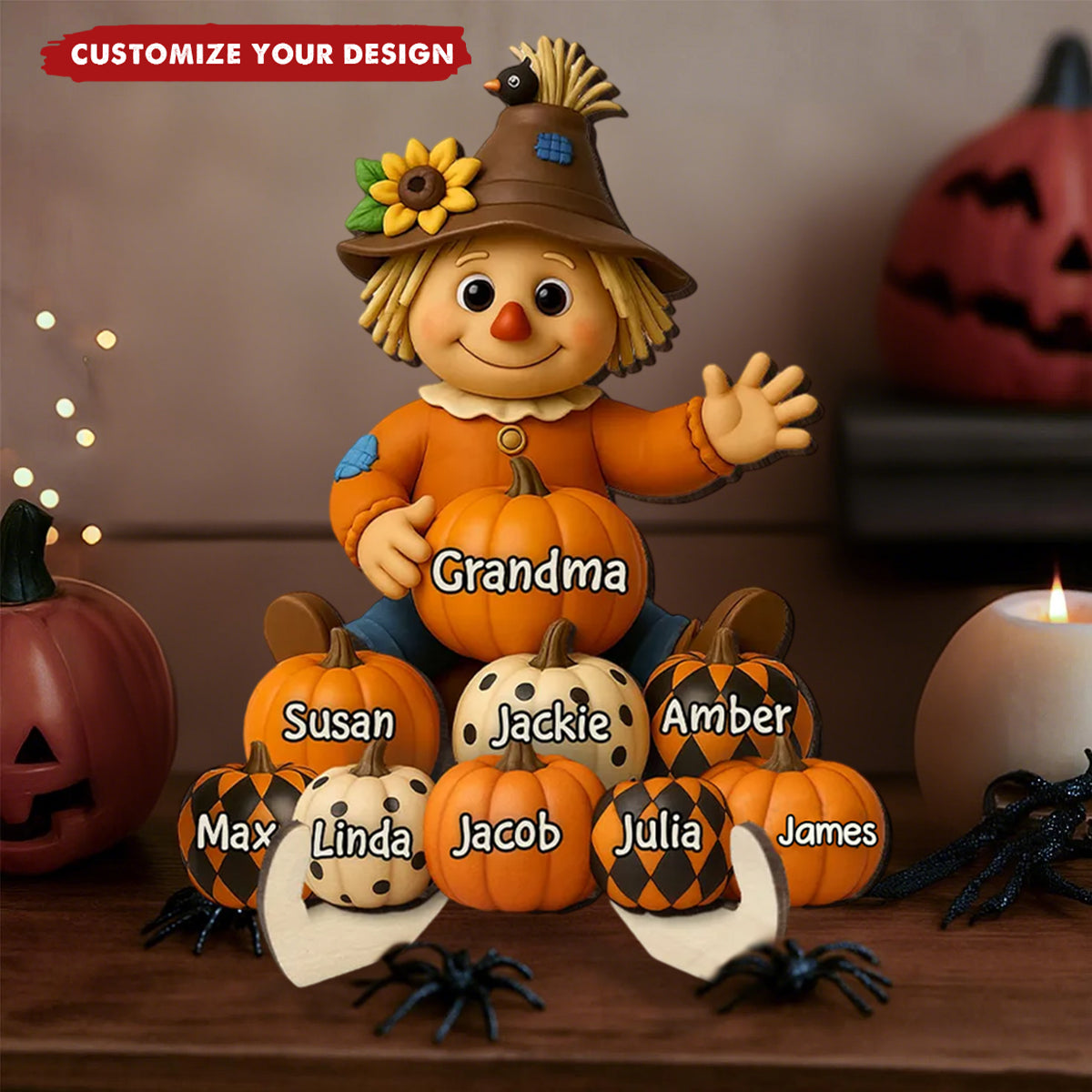 Fall Season Grandma Scarecrow Grandkids Pumpkins 3D Effect Personalized 2-Layer Wooden Plaque