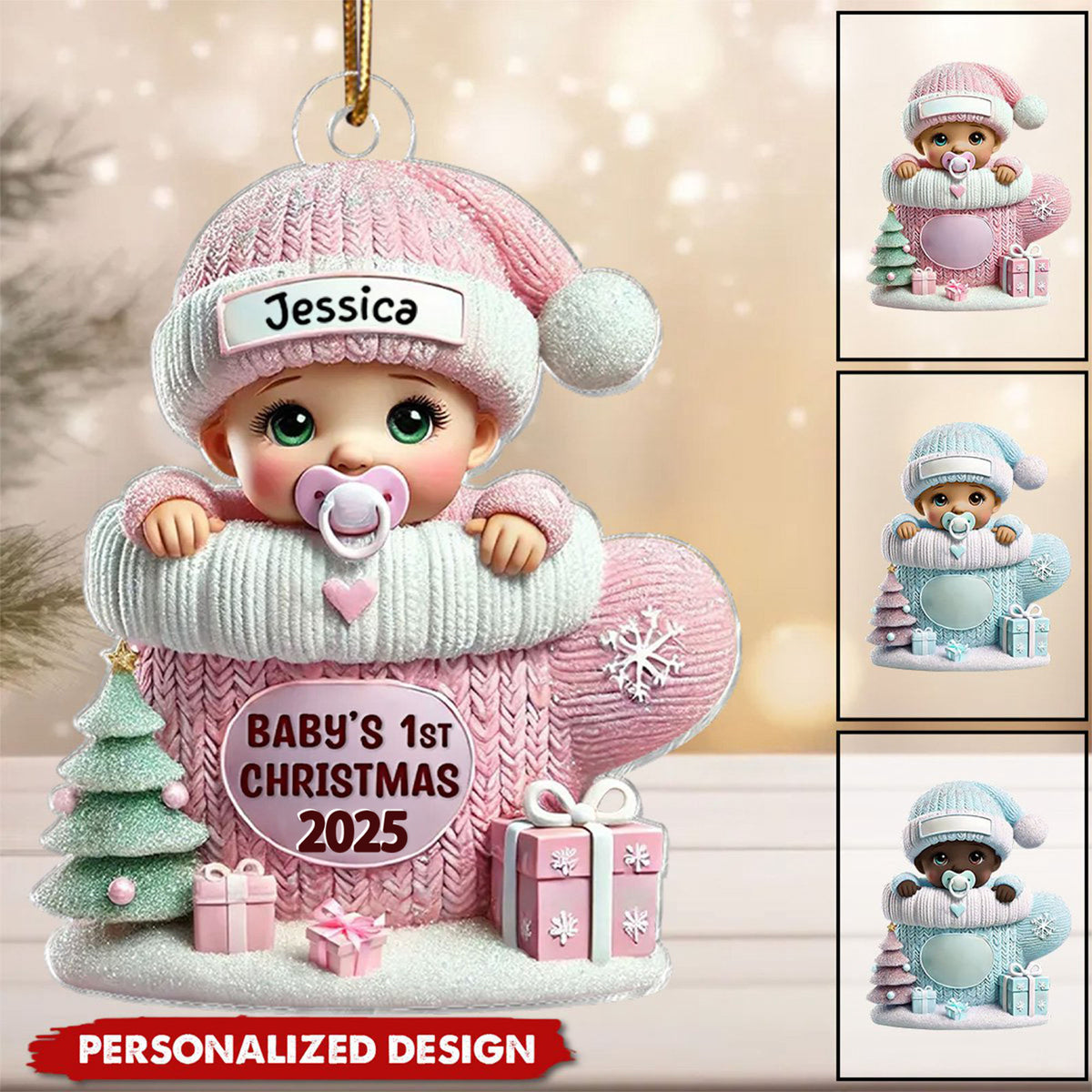 Baby In Mitten 3D Effect Baby's First Christmas Personalized Acrylic Ornament