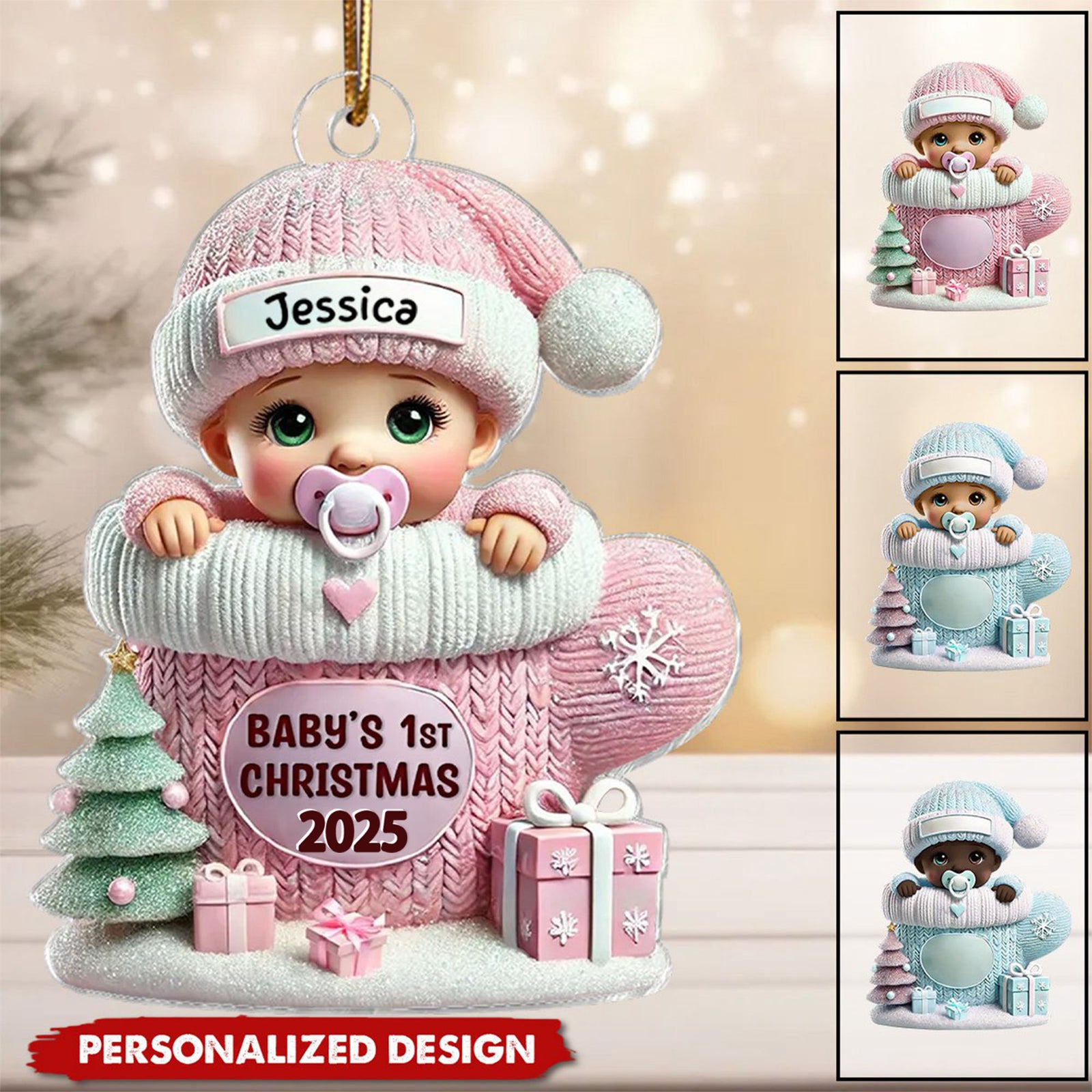 Baby In Mitten 3D Effect Baby's First Christmas Personalized Acrylic Ornament