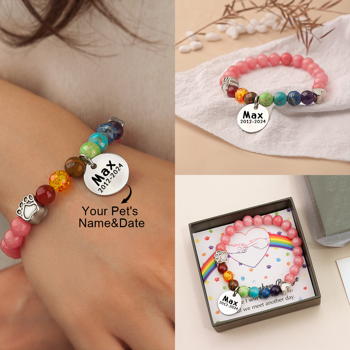 Personalized Pet Charm Bracelet Rainbow Bridge Memorial Bracelet - Pet Loss Sympathy Gift