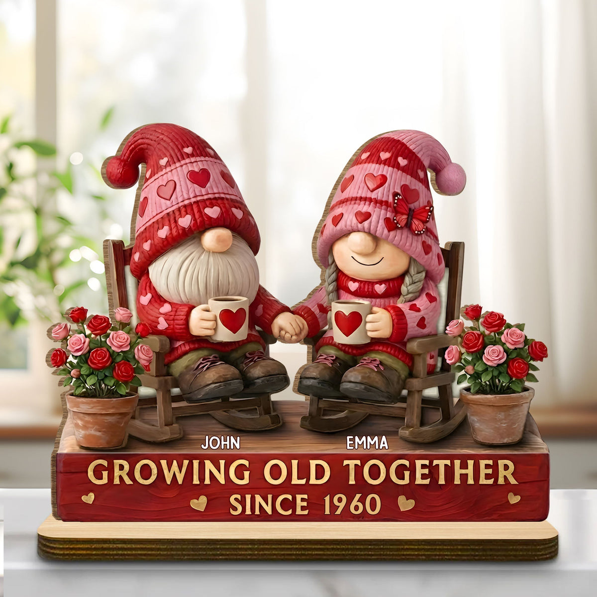 Growing Old Together With Hearts And Roses - Personalized Wooden Plaque