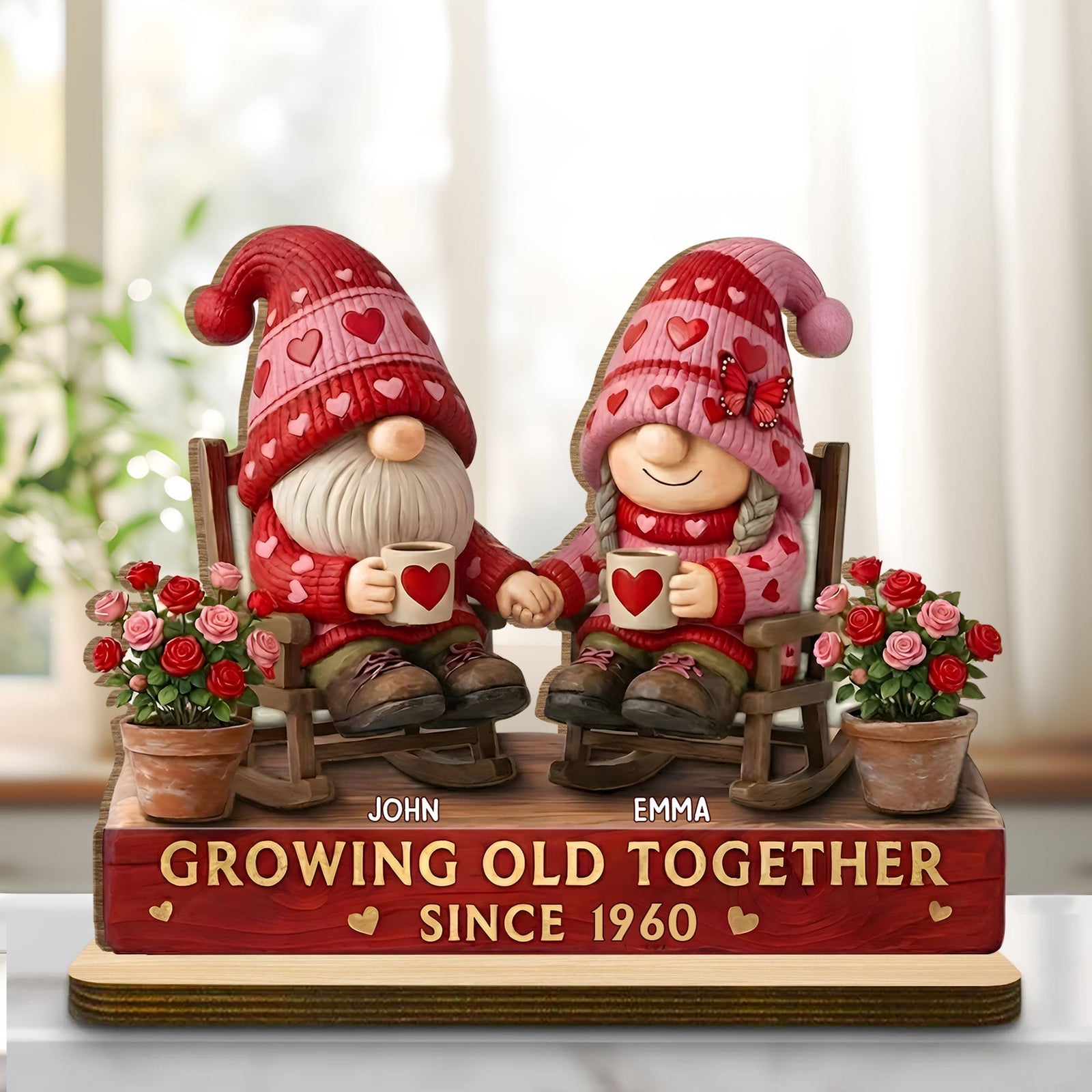 Growing Old Together With Hearts And Roses - Personalized Wooden Plaque