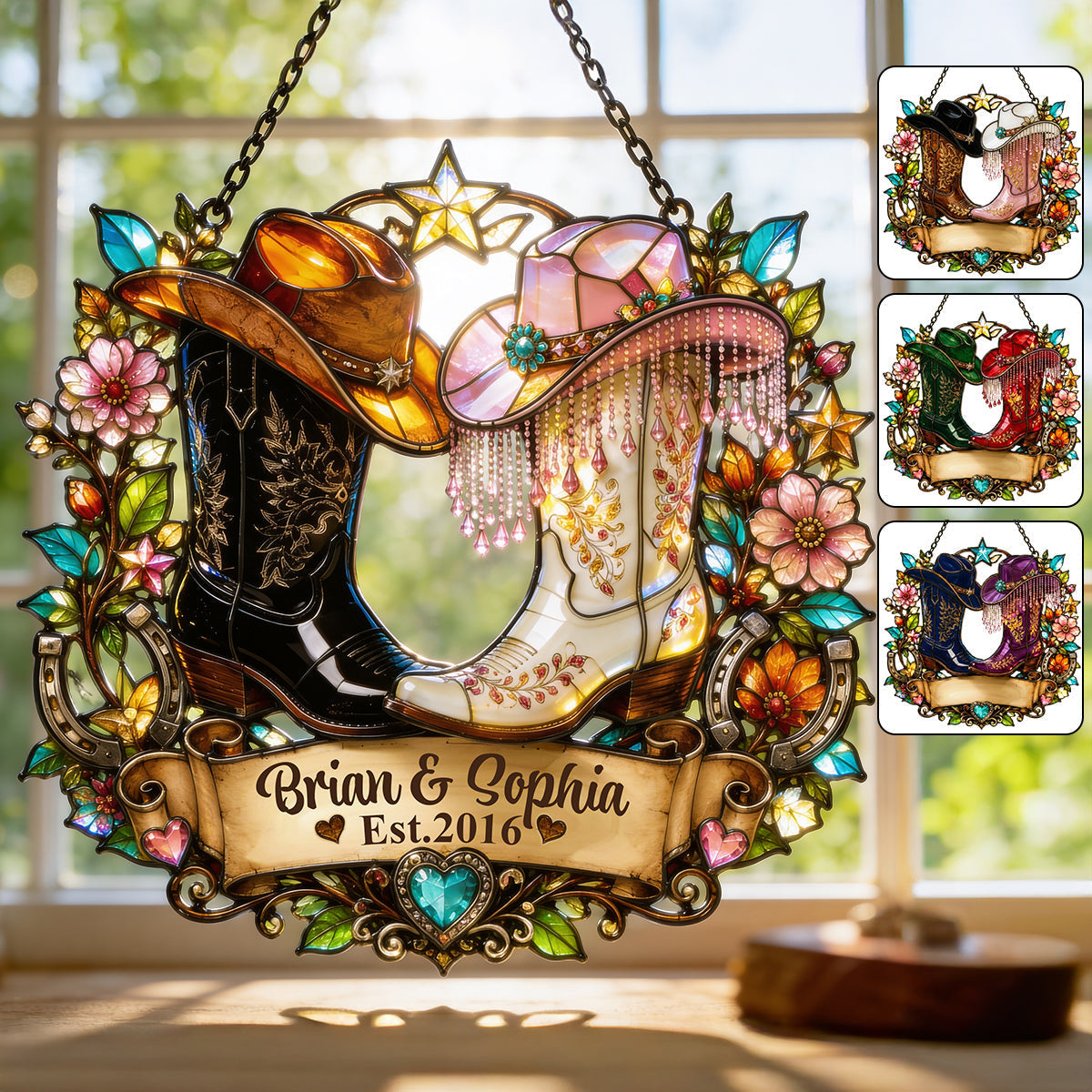 Cowboy Cowgirl Couple Gift - Personalized Western Outfit Window Hanging Suncatcher Ornament