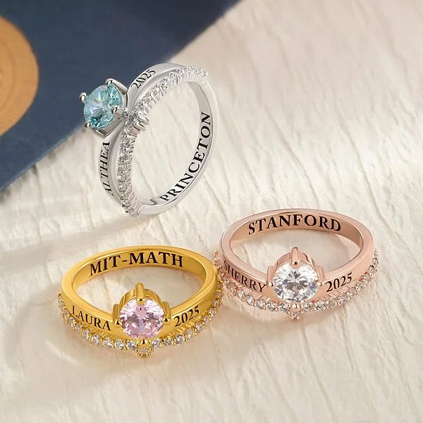 Personalized Birthstone Ring with Engraved Name Year and Text Dainty Jewelry Birthday Graduation
