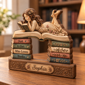 Personalized Reading Girl Book Wooden Block, Custom Book Lover Desk Decor