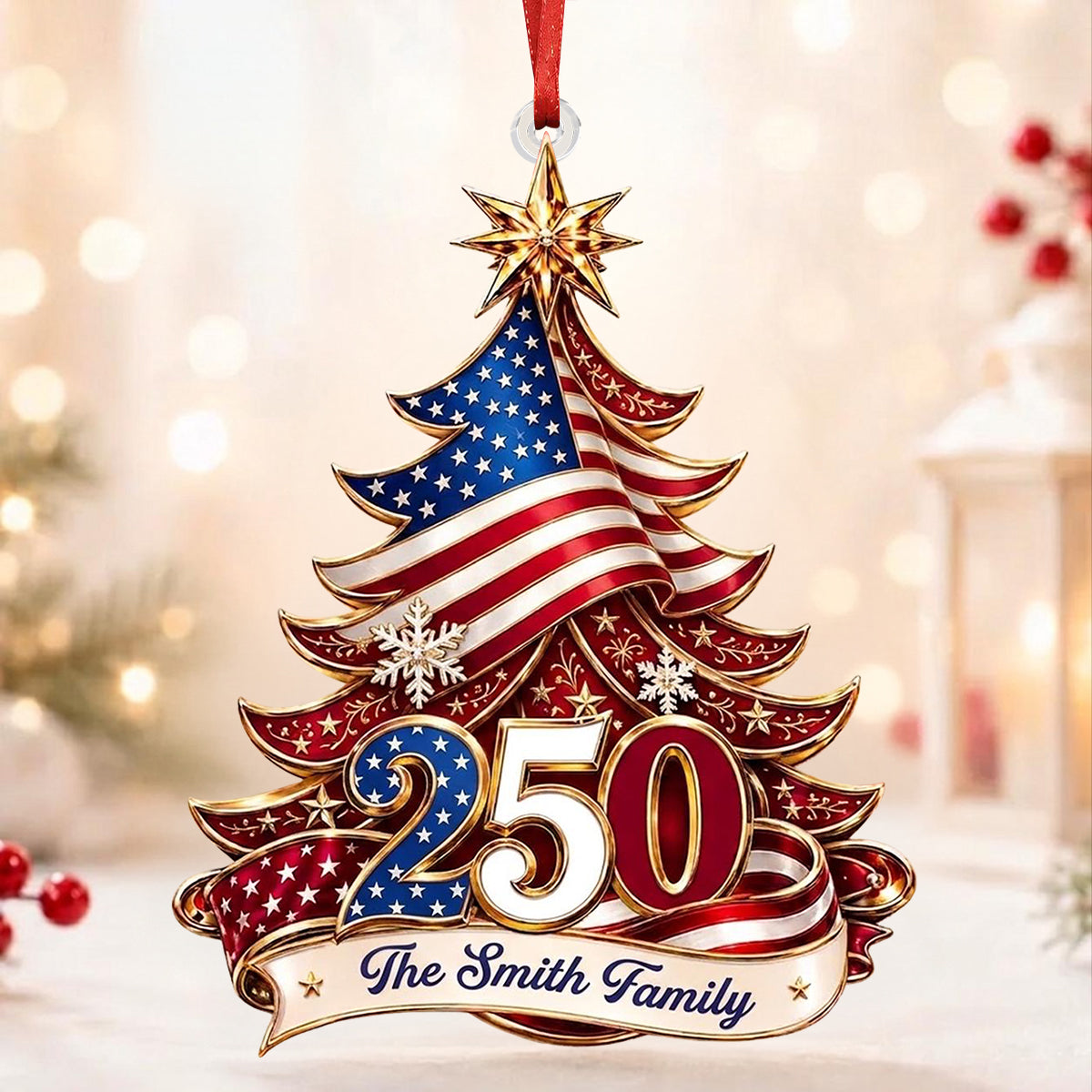 Personalized Family Name Christmas Ornament, Patriotic USA 250 Keepsake Gift