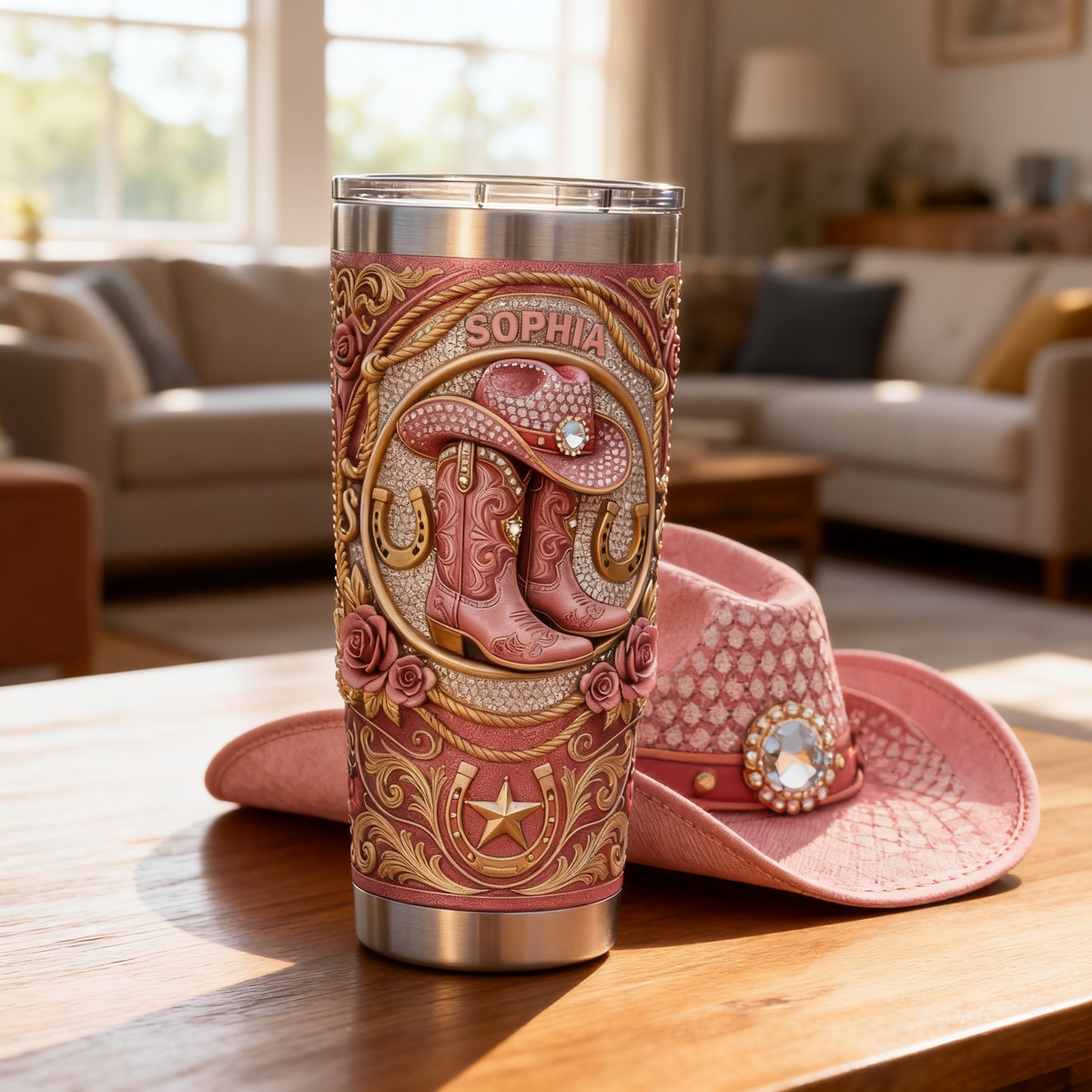 Personalized Cowgirl Tumbler, Pink Boots Cowboy Hat Tumbler