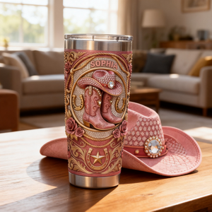Personalized Cowgirl Tumbler, Pink Boots Cowboy Hat Tumbler