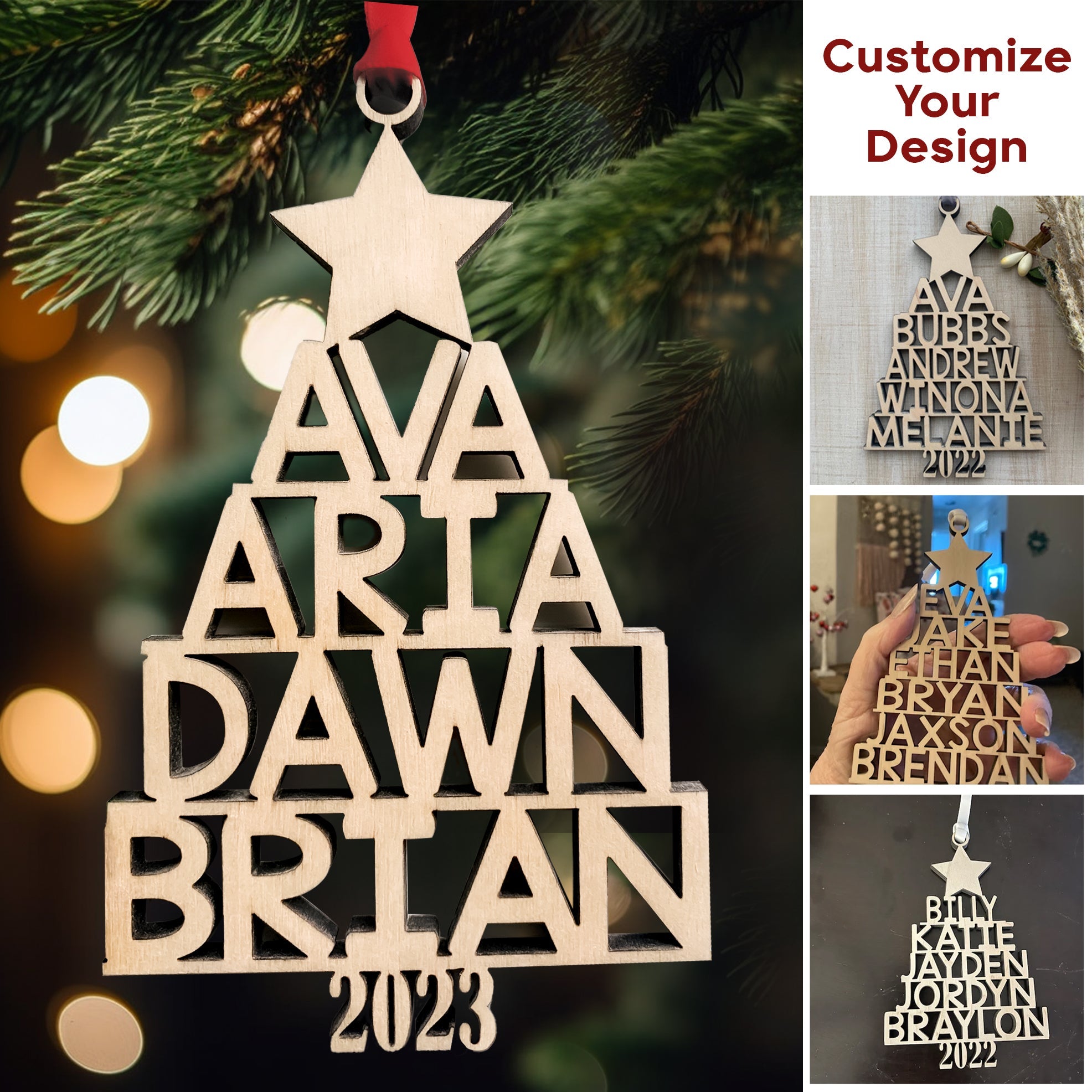 Family Christmas Tree 2023 - Personalized Wooden Photo Ornament