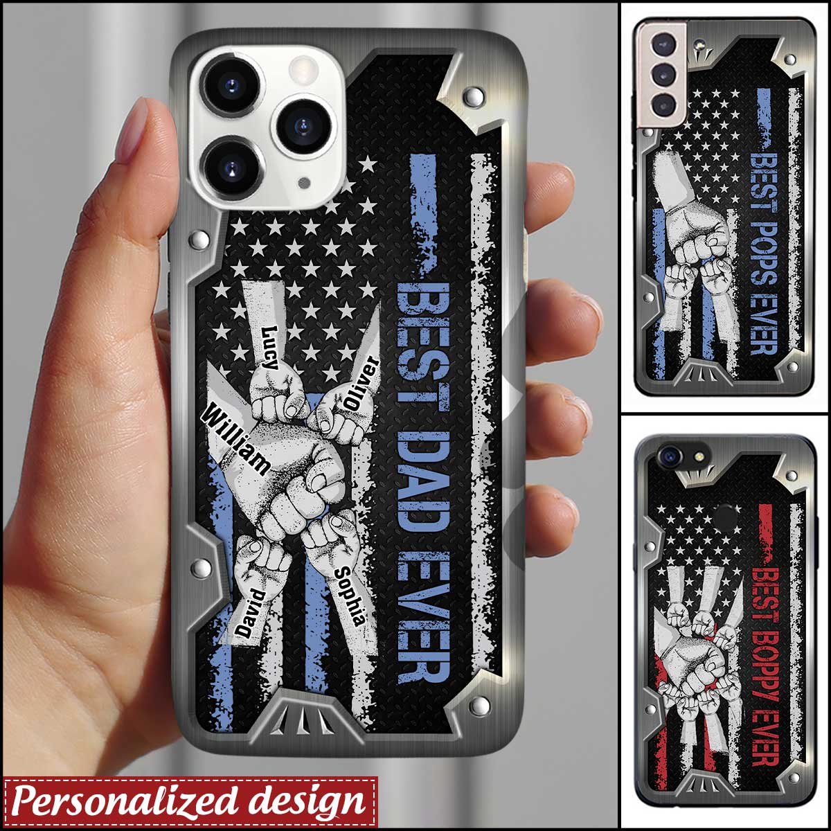 Best Papa, Grandpa, Daddy Hands Print Metal Pattern Personalized Phone Case