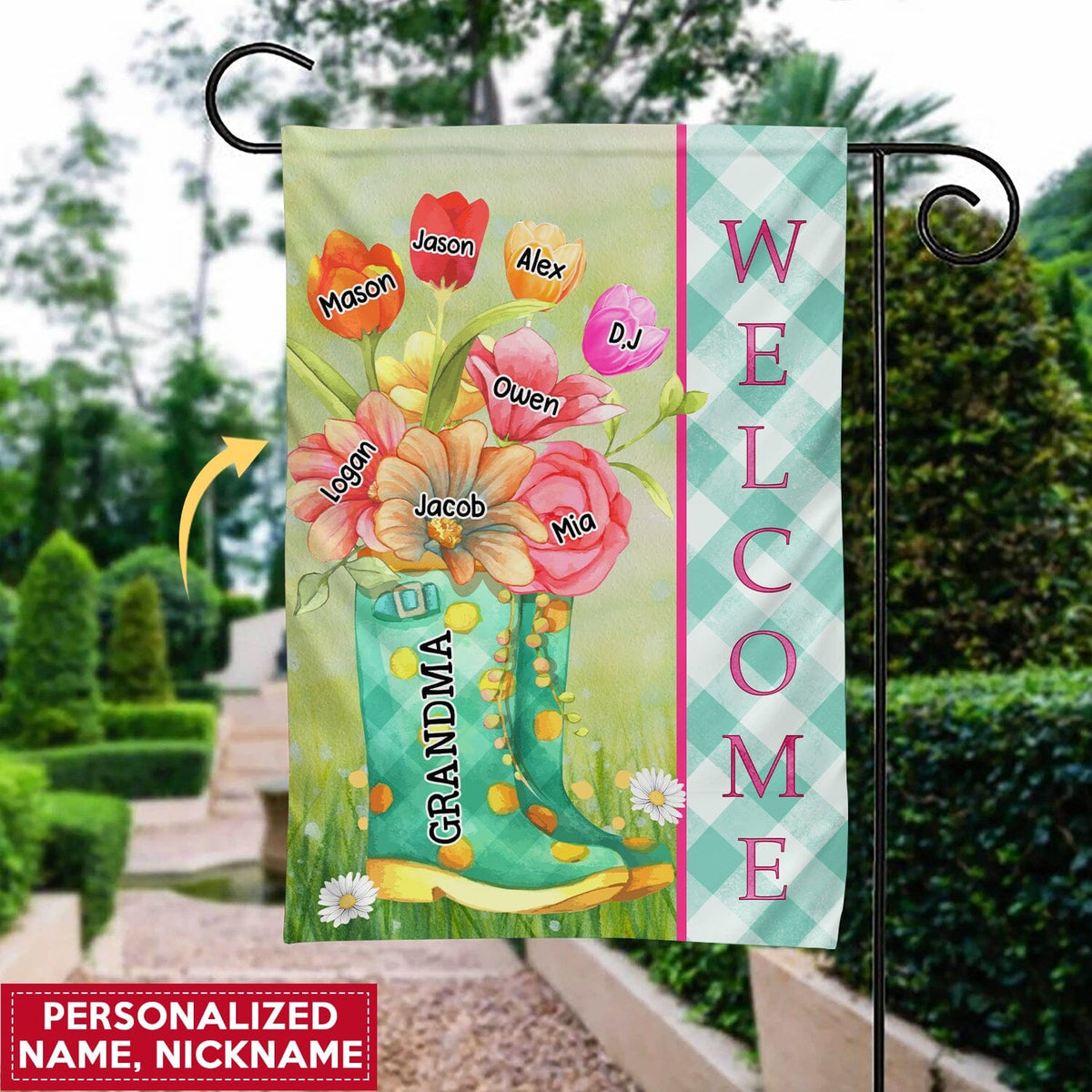 Personalized Grandma Grandkids Bouquet Boots Decorative Garden Flags